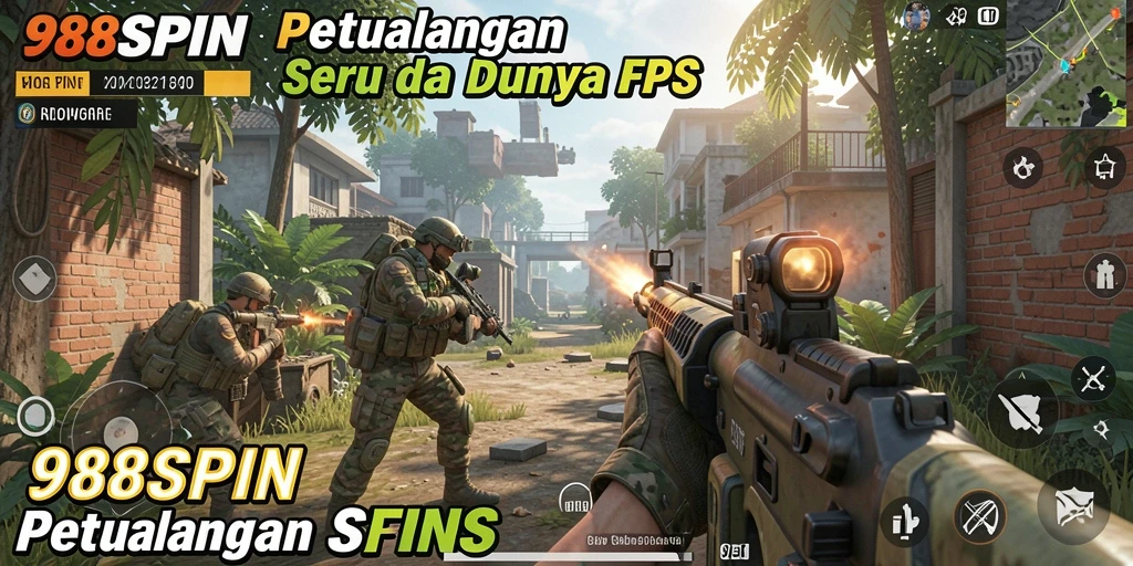 Screenshot utama 988SPIN menampilkan aksi menembak intens dalam gameplay FPS.
