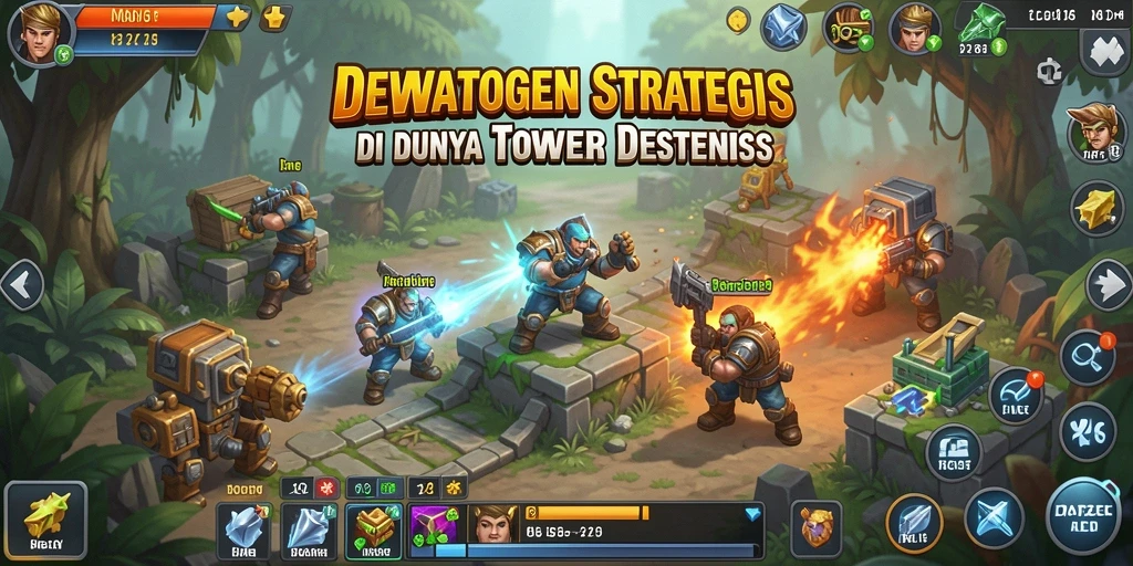 Tampilan gameplay <strong>DEWATOGEL</strong> dengan menara dan musuh yang mendebarkan.