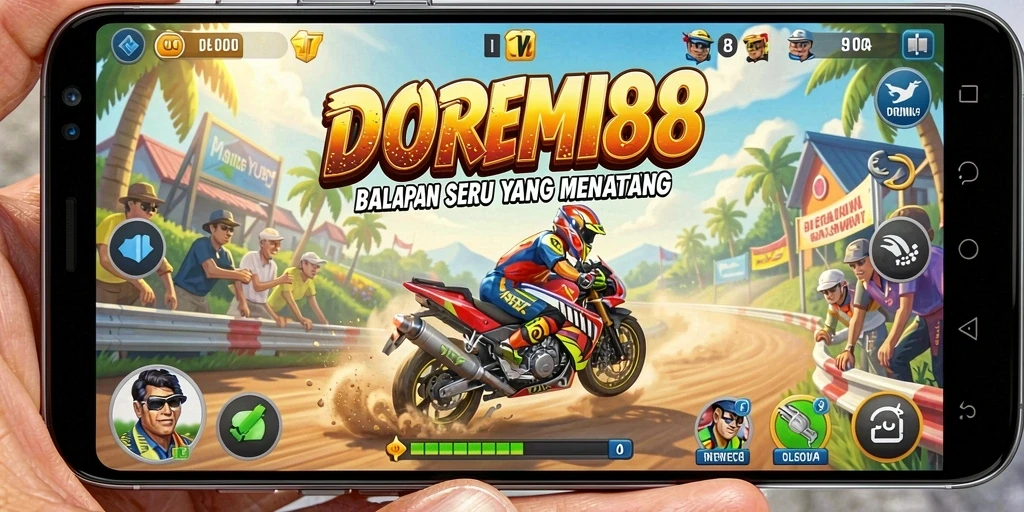 Screenshot DOREMI88 menampilkan aksi balapan yang mendebarkan dengan kendaraan cepat.