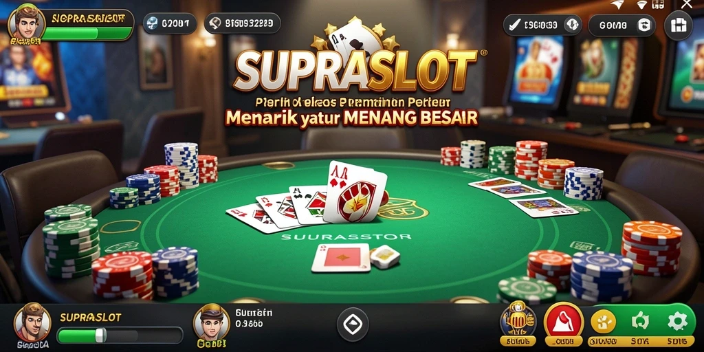 Screenshot gameplay <strong>SUPRASLOT</strong> yang menampilkan suasana meja <strong>Poker</strong> yang mendebarkan.